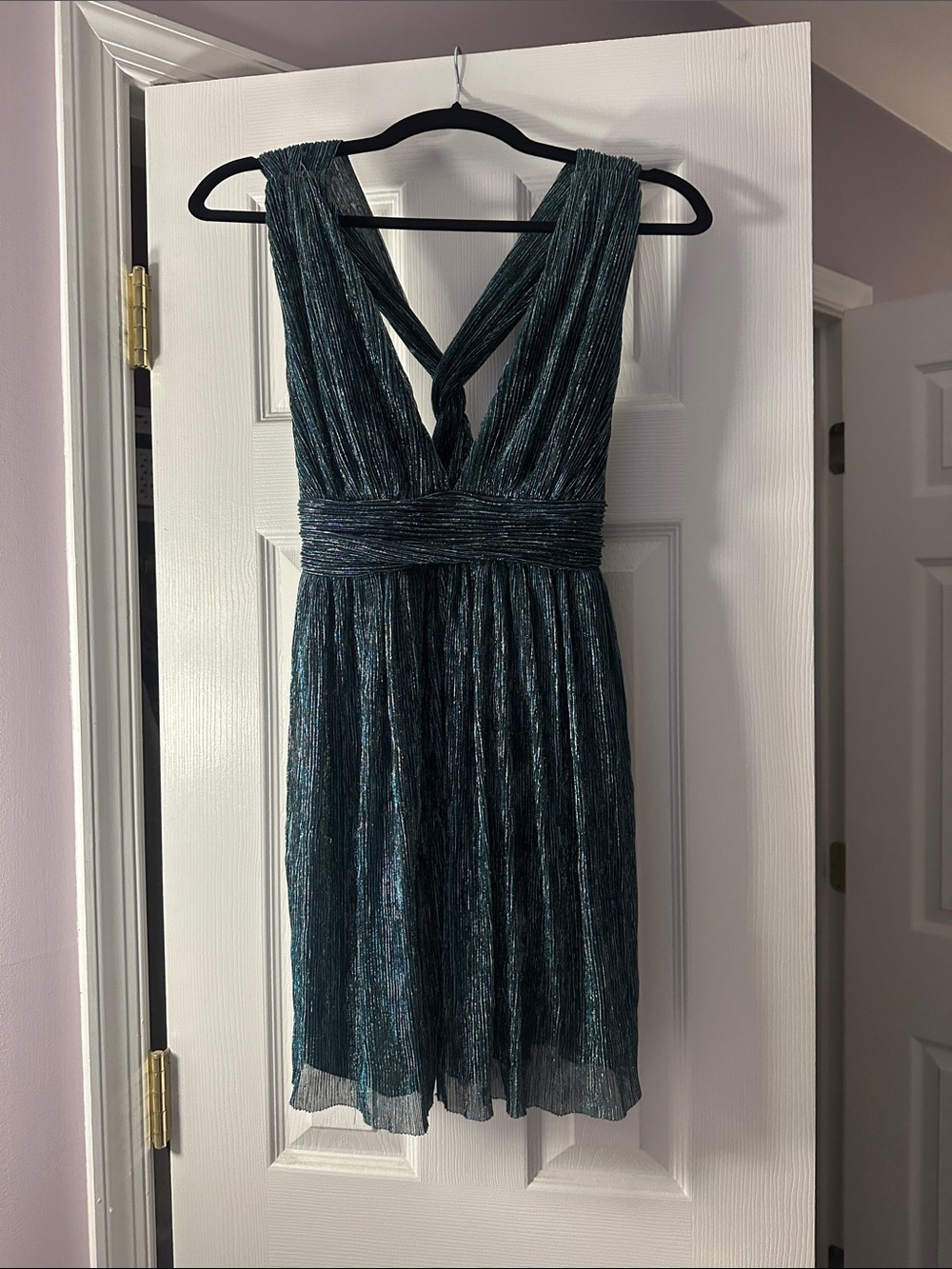 Lulu's Teal Silver/Gold Metallic V-Neck Mini Dress